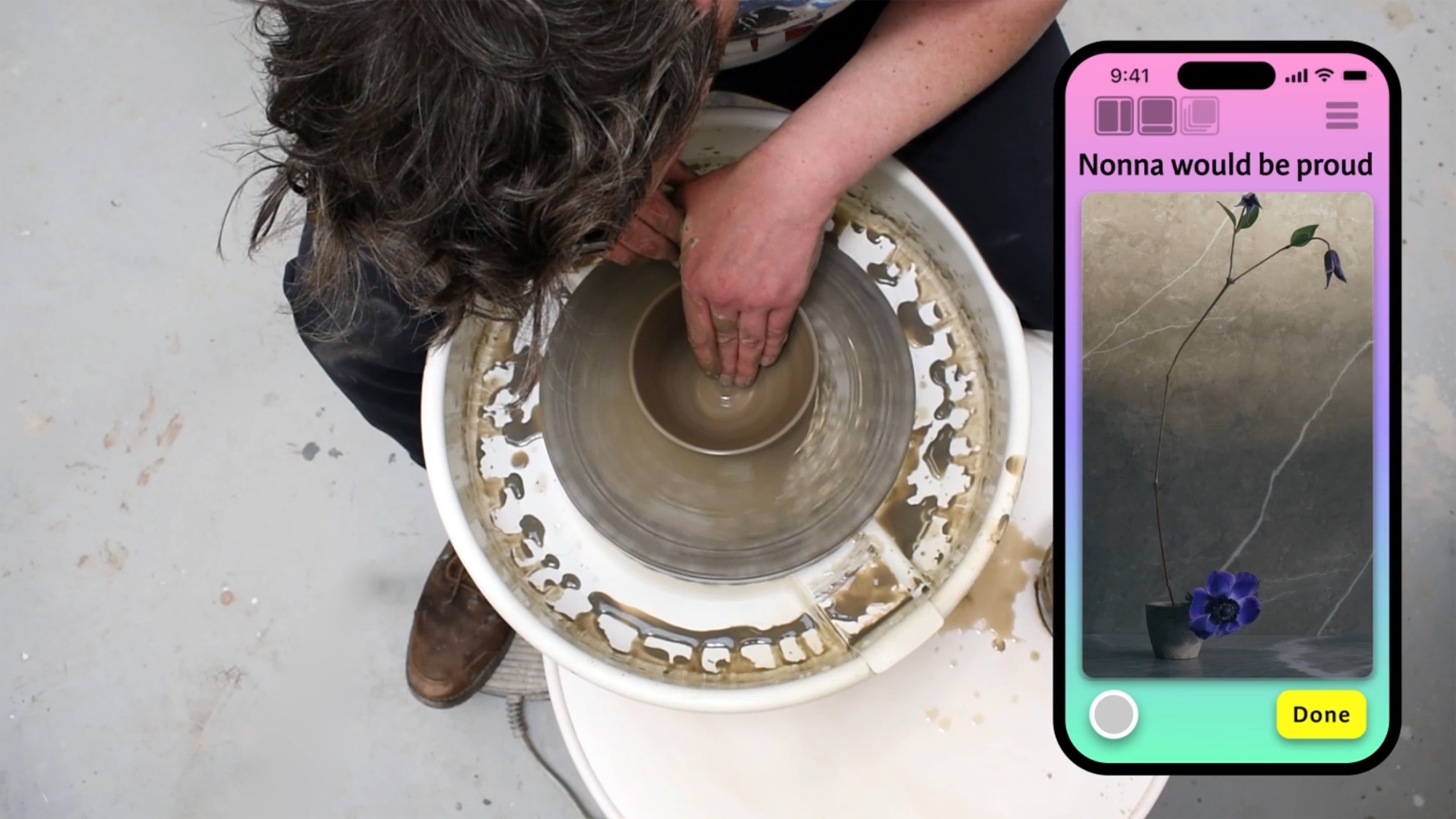 Frame from live action potters wheel sting ad video
